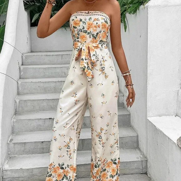 Floral Print Belted Tube Jumpsuit - Picture 5 of 5